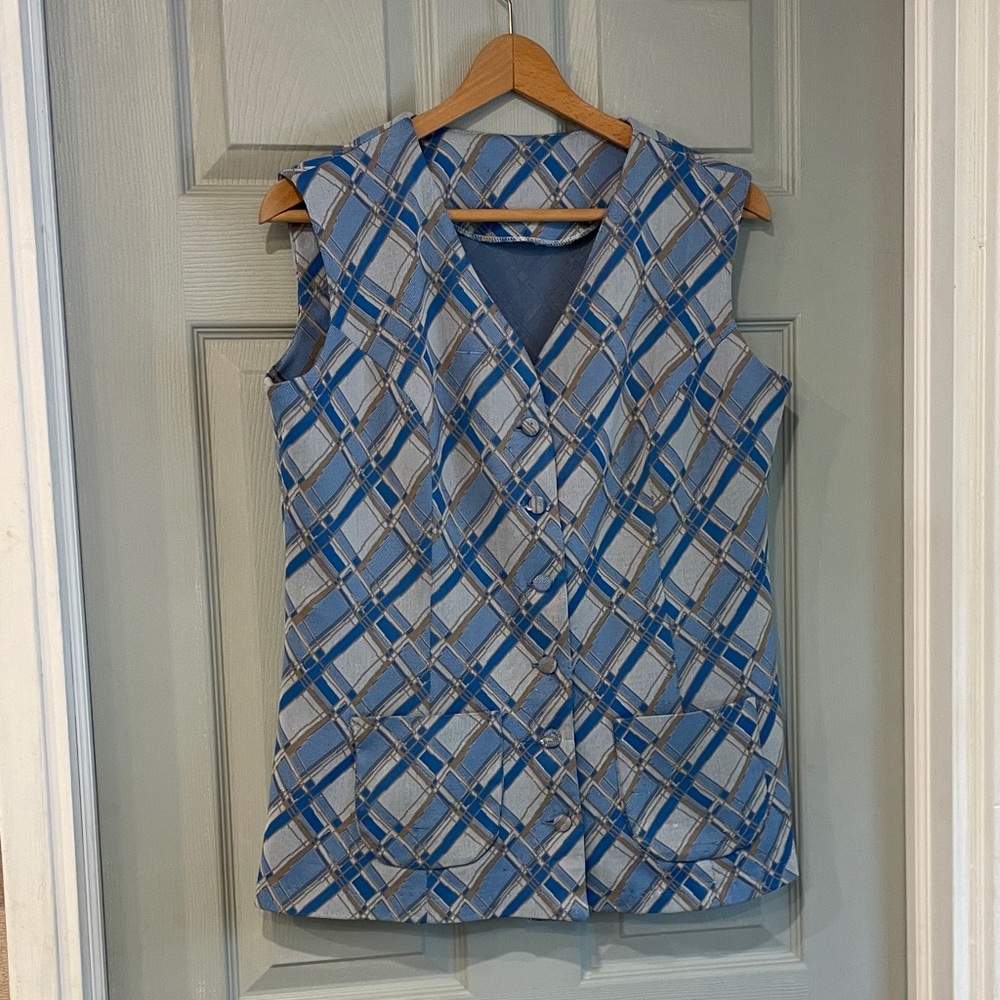 Handmade Vintage Blue Gray Plaid Sleeveless Knit House Vest AS IS Costume Play